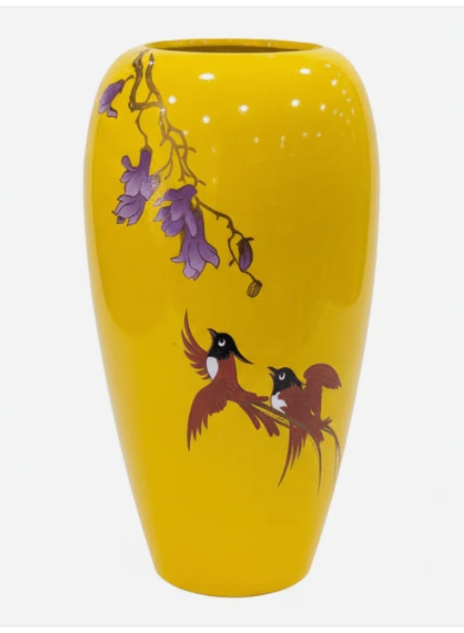 AKDC Decorative Fibre Flower Vase – Bright Yellow Finish with Artistic Birds Design, 26 cm - Image 1